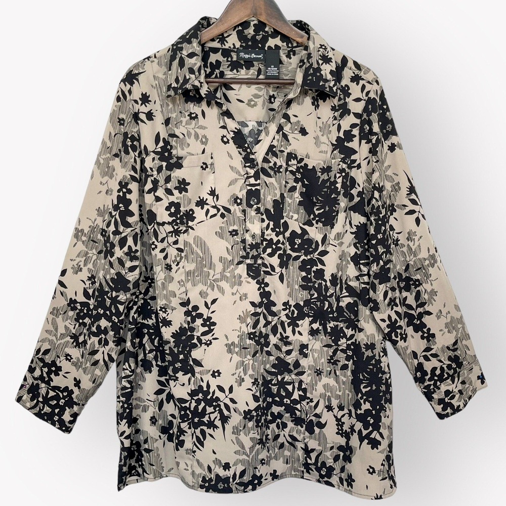 Maggie Barnes Floral Tunic Top Womens 1X 18/20W Black Tan Button Front Blouse